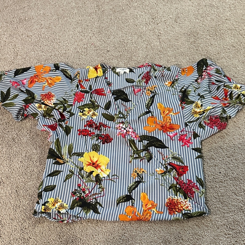 Umgee Floral Stripe Puff Sleeve Blouse